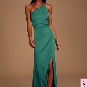 Teal green satin one shoulder slip dress